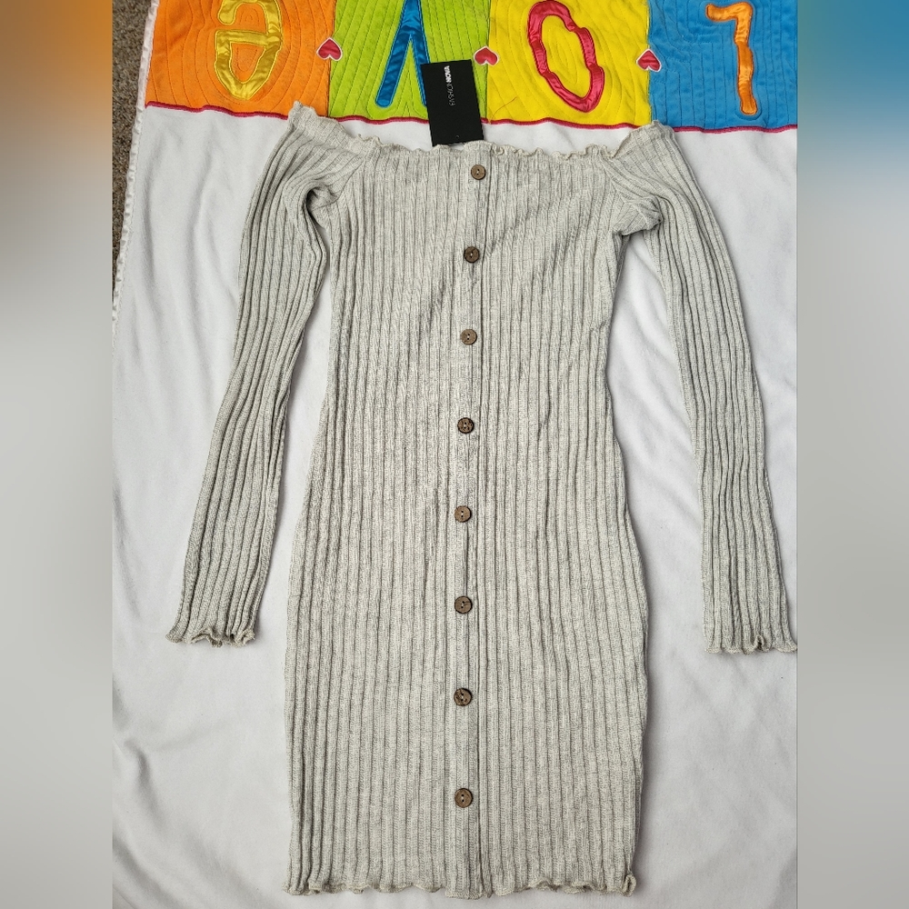 Fashion nova Jacklyn off shoulder long sleeve Mini Dress Oatmeal M